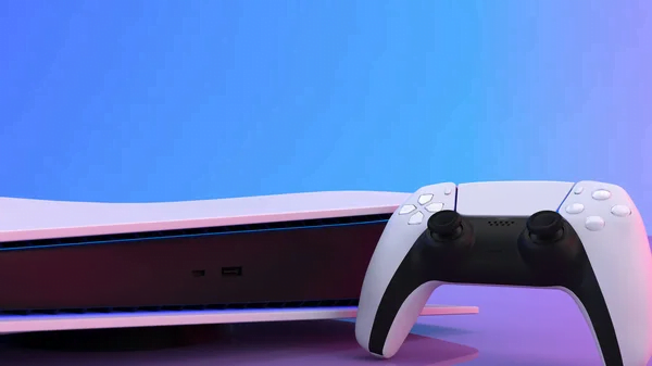 play station 5 lied down with upright controller